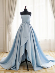 A-Line Satin Blue Long Prom Dresses, Blue Satin Long Formal Dresses