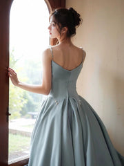 A-line Satin Blue Long Straps Evening Dresses, Satin Long Prom Dresses