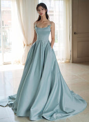 A-line Satin Blue Long Straps Evening Dresses, Satin Long Prom Dresses