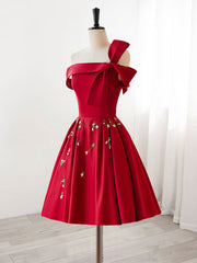 A-Line Satin Burgundy Short Prom Dresses, Burgundy Homecoming Dresses with Beading