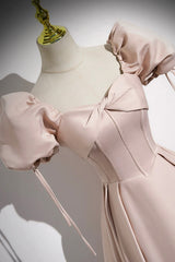 A-Line Satin Floor Length Pink Corset Prom Dresses, Off the Shoulder Evening Dresses