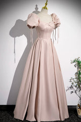 A-Line Satin Floor Length Pink Corset Prom Dresses, Off the Shoulder Evening Dresses