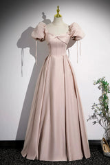 A-Line Satin Floor Length Pink Corset Prom Dresses, Off the Shoulder Evening Dresses