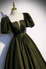 A-Line Satin Long Prom Dresses, Dark Green Short Sleeve Evening Graduation Dresses