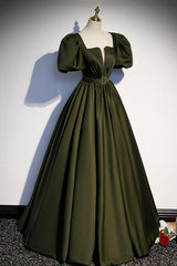 A-Line Satin Long Prom Dresses, Dark Green Short Sleeve Evening Graduation Dresses