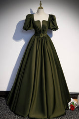 A-Line Satin Long Prom Dresses, Dark Green Short Sleeve Evening Graduation Dresses