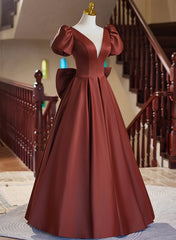 A-line Satin Short Sleeves Long Prom Dresses, Satin Simple Evening Dresses