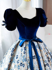 A-Line Satin Velvet Blue Long Prom Dresses, Blue Long Formal Dresses