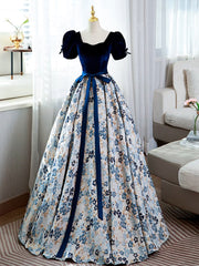 A-Line Satin Velvet Blue Long Prom Dresses, Blue Long Formal Dresses