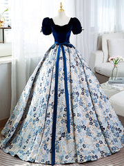 A-Line Satin Velvet Blue Long Prom Dresses, Blue Long Formal Dresses