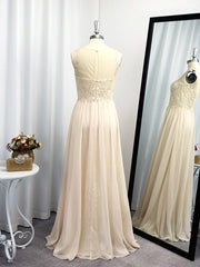 A-line Scoop Appliques Lace Floor-Length Chiffon Dresses