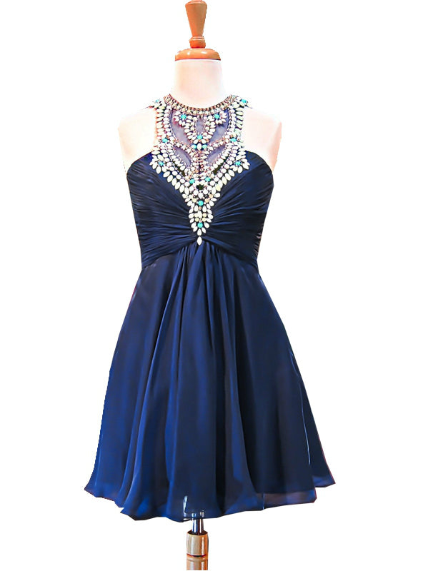 A-line Scoop Beaded Crystals Navy Blue Chiffon Short Homecoming Dress