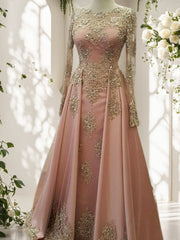 A-line Scoop Long Sleeves Appliques Lace Floor-Length Tulle Dresses