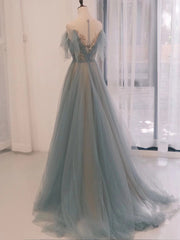 A-Line Scoop Neckline Tulle Gray Blue Long Prom Dresses with Sequin