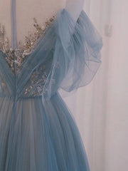 A-Line Scoop Neckline Tulle Gray Blue Long Prom Dresses with Sequin