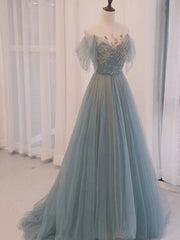 A-Line Scoop Neckline Tulle Gray Blue Long Prom Dresses with Sequin