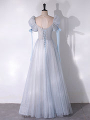 A-Line Scoop Neckline Tulle Light Blue Long Prom Dresses with Beads