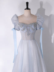 A-Line Scoop Neckline Tulle Light Blue Long Prom Dresses with Beads