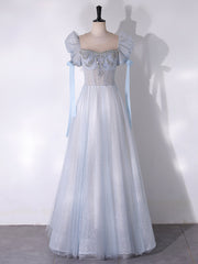 A-Line Scoop Neckline Tulle Light Blue Long Prom Dresses with Beads