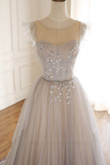 A-Line Scoop Neckline Tulle Long Prom Dresses with Beaded, Evening Party Dresses