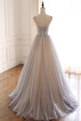 A-Line Scoop Neckline Tulle Long Prom Dresses with Beaded, Evening Party Dresses