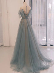 A-Line Scoop Neckline Tulle Long Prom Dresses with Sequin