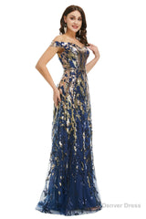 A Line Sequins Off the Shoulder Long Prom Dresses