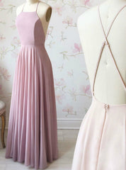 A-Line Simple Pink Chiffon Halter Crosed Straps Prom Dresses