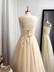 A-line Spaghetti Straps Appliques Lace Floor-Length Tulle Dresses