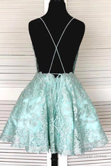 A-Line Spaghetti Straps Backless Mint Green Lace Short Prom Dress, Backless Mint Green Lace Formal Graduation Homecoming Dress