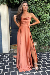 A Line Spaghetti Straps Blush Long Prom Dress with Split Front