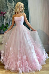 A-line Spaghetti Straps Pink Tulle Prom Dresses