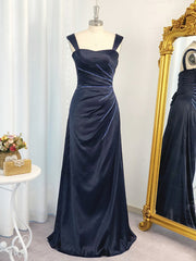 A-line Spaghetti Straps Ruffles Floor-Length Elastic Woven Satin Dresses