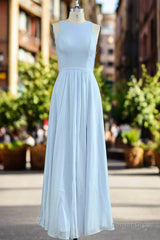 A-Line Spaghetti Straps Sky Blue Chiffon Long Bridesmaid Dress