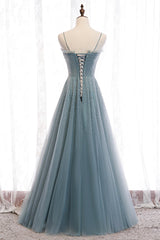 A-Line Spaghetti Straps Tulle Beaded Long Prom Dresses, Cute Evening Party Dresses