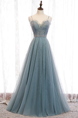 A-Line Spaghetti Straps Tulle Beaded Long Prom Dresses, Cute Evening Party Dresses