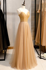 A-Line Spaghetti Straps Tulle Beaded Long Prom Dresses, Evening Party Dresses