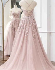 A-line Spaghetti Straps Tulle Prom Dresses with Appliques