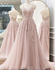 A-line Spaghetti Straps Tulle Prom Dresses with Appliques