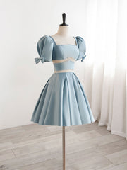 A-Line Square Neckline Blue Short Prom Dresses, Cute Blue Homecoming Dresses