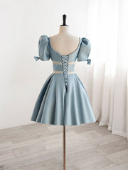 A-Line Square Neckline Blue Short Prom Dresses, Cute Blue Homecoming Dresses