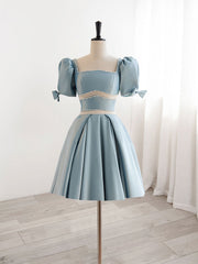 A-Line Square Neckline Blue Short Prom Dresses, Cute Blue Homecoming Dresses