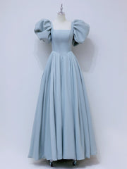 A-Line  Square Neckline Puff sleeves Long Blue Prom Dresses, Blue Long Formal Dresses