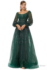 A-Line Square Neckline Sequined Floor-Length Long Sleeve Open Back Appliques Lace Prom Dresses