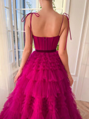 A Line Strapless Fuchsia Tiered Long Tulle Prom Dresses