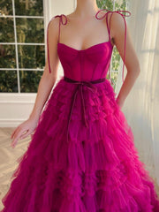 A Line Strapless Fuchsia Tiered Long Tulle Prom Dresses