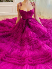 A Line Strapless Fuchsia Tiered Long Tulle Prom Dresses