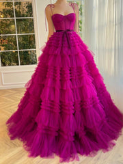 A Line Strapless Fuchsia Tiered Long Tulle Prom Dresses