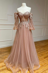 A-Line Strapless Long Lace Prom Dresses, Sweetheart Neck Tulle Evening Party Dresses