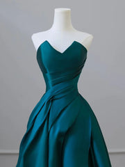 A-Line Strapless Satin Peacock Blue Long Prom Dresses, Simple Peacock Blue Evening Dresses